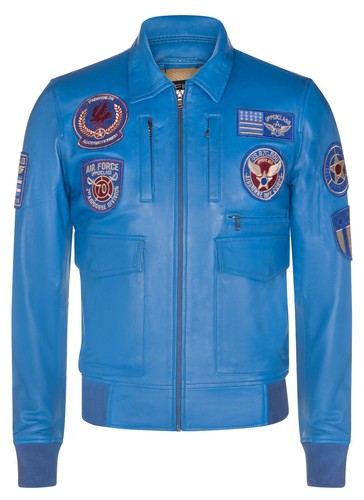 Men blue leather bomber - men's,