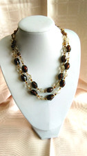vintage 2 row 50s glass necklace retro kitsch sweet brown/clear classic  19"