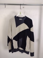 M&S Women's Jumper Size L Black Cream Geometric Knit Merino Wool Blend New F2