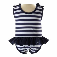 Rachel Riley London Baby Girls Navy Blue Breton Stripe Swimsuit – New, 24 Months