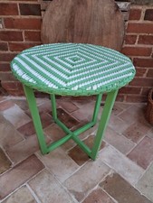 1960s retro coffee table, woven plastic top, green & white chevrons, metal frame