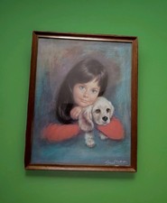 Vintage Framed Puppy Love Print On Board 1960s Louis Shabner Kitsch Tretchikoff