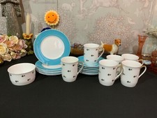 *RARE* Windsor Bone China Part Tea Set Gold/Black Flowers Blue Saucers & Plates