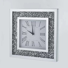 MIRROR CRUSHED CLOCK DIAMOND SILVER CRUSHED CRYSTAL FILLED SPARKLY 30X30CM WALL
