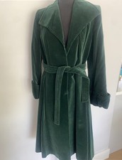 Vintage 60s Velvet Green Longline Coat Belt Collar Pockets Size M