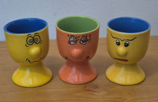 3x Trade Winds Funny Face Ceramic Egg Cups | Yellow/Blue & Orange/Green