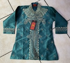 Zink Boys Green Gold Brocade Sherwani Wedding Top Kurta Pakistani Indian Sz 3-4
