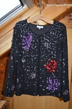 Gray & Osbourn Black Sequin Jacket, Size 16, Floral, Collarless, Long Sleeve