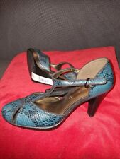 Footglove T-bar Teal & Black Ankle Fastener Heeled Leather Ladies Shoes Size 5½ 