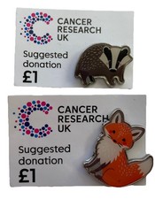CANCER RELIEF BADGES - x2   Animals (BADGER & FOX ) charity pin badges