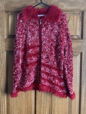 Elizabeth Scott Red Multi relaxed Fit Eyelash/Fur Trim Zip Up Cardigan -Size S
