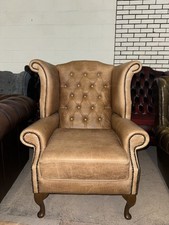 Chesterfield Tan Real Leather Queen Anne Wingback Chair