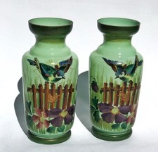 Pair of Antique Victorian Opaline Green Glass Vases – Hand Painted Floral Design