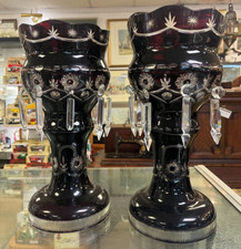 Two Antique Victorian Dark Ruby Red Glass Lustres