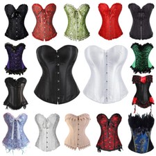 Women's Lace Up Corset Overbust Boned Burlesque Basque Bustier Fancy Costumes UK