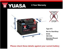 Car Battery YBX3075 Yuasa 075 550A 60Ah 3Yr Warranty 243x175x175 SMF