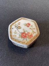 Japanese Hexagonal Small Porcelain Trinket Box Floral Bird On A Branch