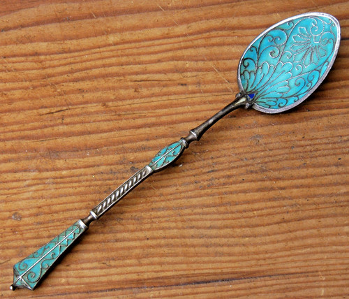 Solid silver enamel spoon - solid, &