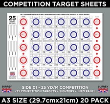 A3 COMPETITION TARGET SHEETS 25 Yard Metre Benchrest Rifle Card Targets 20 Pack