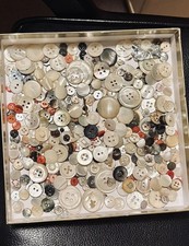 Massive lot of vintage MOP buttons in vintage John Farrar floral toffee tin 283g