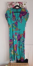 Zara Green & Purple Floral Dress, Size S UK 8-10 V-Neck Button Down