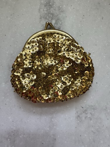 Vintage yellow beaded coin - beaded,