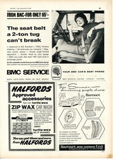 BMC Mini Seat Belt advert 1964 Fashion Baronet Accesories Halfords Bin Cartoon 