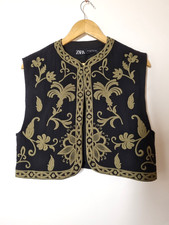 Zara Embroidered Waistcoat Size S Black Khaki Foral Boho Folklore Gilet
