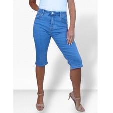 Ladies Knee Length Denim Shorts High Waist Capri Turn Up Mid Blue Faded 10-22