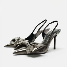 Zara Metallic Bow Heels Uk 4 New Sold Out