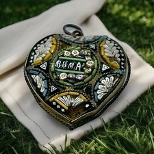 Antique Roma Souvenir Pieter Dura Micro Mosaic Heart Brooch Italy Old AS IS