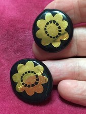 Unusual Handmade Vintage Dark Cobalt Blue Gold Flower Glass Stud Earrings 2cm