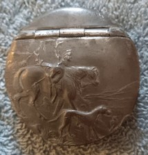 Vintage Snuff Box Of Sheffield Pewter Decorated With Hunting Scene.