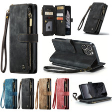 Zip Wallet Case for iPhone 16 15 14 13 12 11 Leather Flip Purse Card Stand Cover