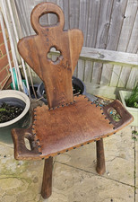 Antique Oak & Leather 19th Century German Handcarved Birthing Chair 