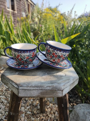 Polish pottery mug cup - pottery, saucer