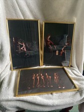 3 Vintage Japanese silk embroidered Geisha lantern Rickshaw framed silhouette