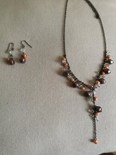 Mink and Orange Necklace + Earring set (#8) Costume Jewellery