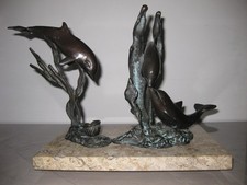 Vintage Hot Cast Bronze Dolphin Family Sculpture on Marbel Base