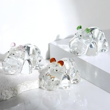 3 PCs Crystal Hippo Figurines Collectible Glass Hippopotamus Pink Blue Brown 