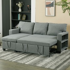 L Shape Pull Out Linen Sofa Bed Corner Couch Sleeper Chaise Lounge with Storage