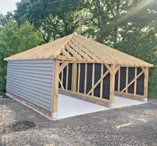 Prefab Oak Fronted Two Bay Garage, Full Height Hipped Eaves | 5.8m x 4.95m