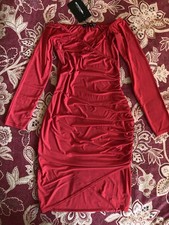 BNWT PLT red long sleeve slinky ruched bardot wrap dress, 10