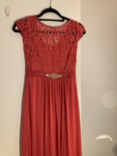 Adrianna Papell Long Coral Dress with Lace Top Part and waistband with gems 