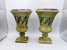 Vintage pair of green urns by Honiton studio pottery, Devon - hand painted decor