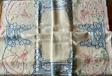 VINTAGE LINEN HAND EMBROIDERED CRINOLINE LADY TABLECLOTH - 44 x 44 inch