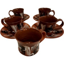 Set Of 5 Handmade Ceramic Cup and Four Saucers Brown Black Pattern