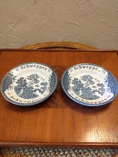 2 x Vintage Schweppes Wedgwood Blue/White Willow Pattern Bar Dishes-Tips/Lemons