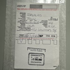 Telly Savalas Hand Signed & Completed UK Immigration Card 1985