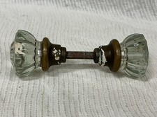 Antique Pair Fluted Crystal Glass Door Knobs Metal Neck Square Spindle
